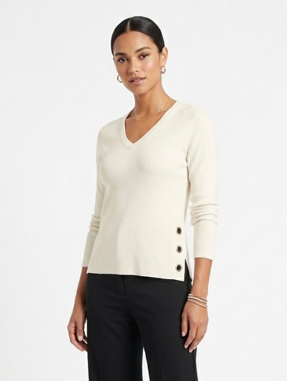 CHARLIE B White V-Neck Top  with Side Grommet Detail S